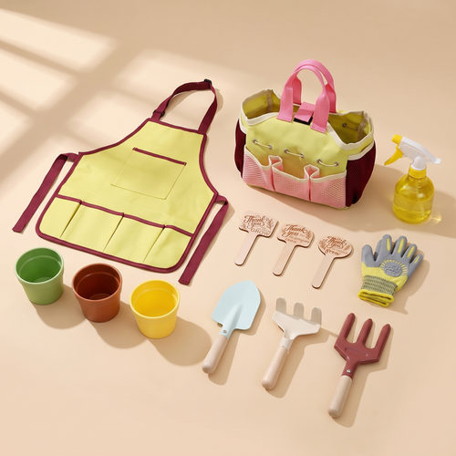 Kinder-Gartenwerkzeug von Spielsinne mit Schaufel, Rechen, Handschuhen, Sprühflasche und Tragetasche